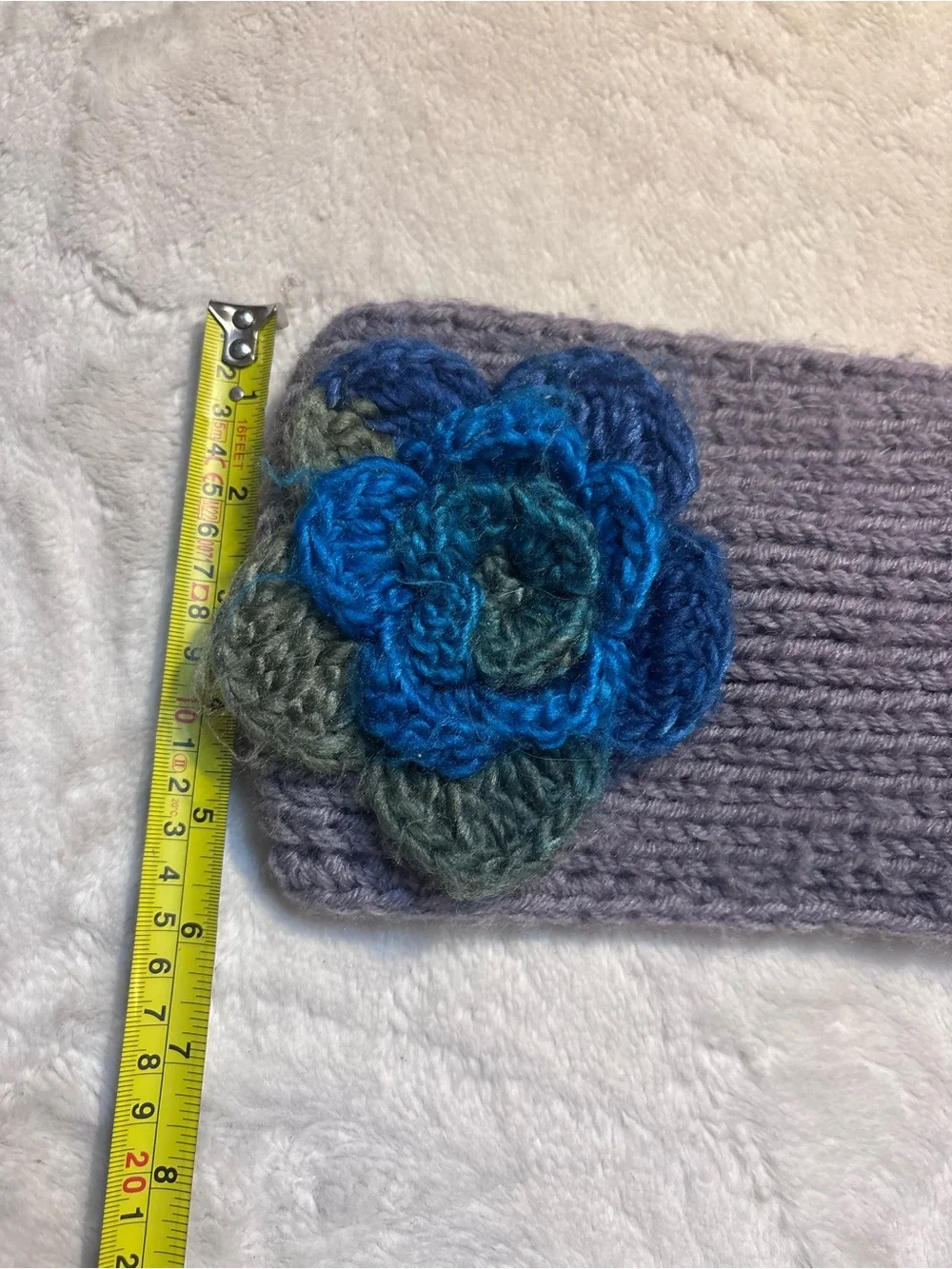 Gray Knit Headband Ear Warmer Earmuff with Blue Green Crochet Flower 3D Accent
